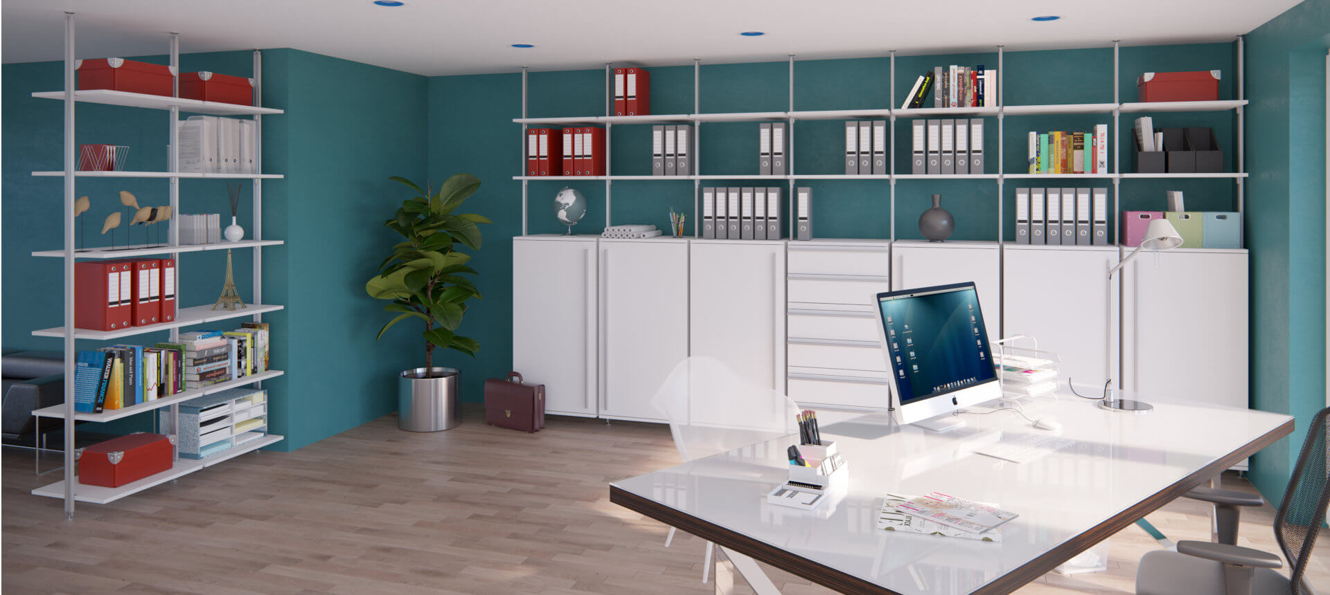 Büroregal NOX in verschiedenen Breiten für Büro & Home Office Modernes Büroregal in unterschiedlichen Breiten, anpassbar an Ihr Büro & Home Office mit vielen Regalen kombiniert mit hohen Schränken mit Türen für Akten sowie Schubladen für und Technik - für stilvolles, produktives Arbeiten