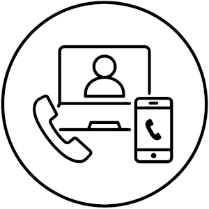 Planung anfragen – online, telefonisch oder per Video-Call Icon mit Laptop, Telefon und Smartphone als Symbole für verschiedene Kontaktmöglichkeiten zur Planungsanfrage