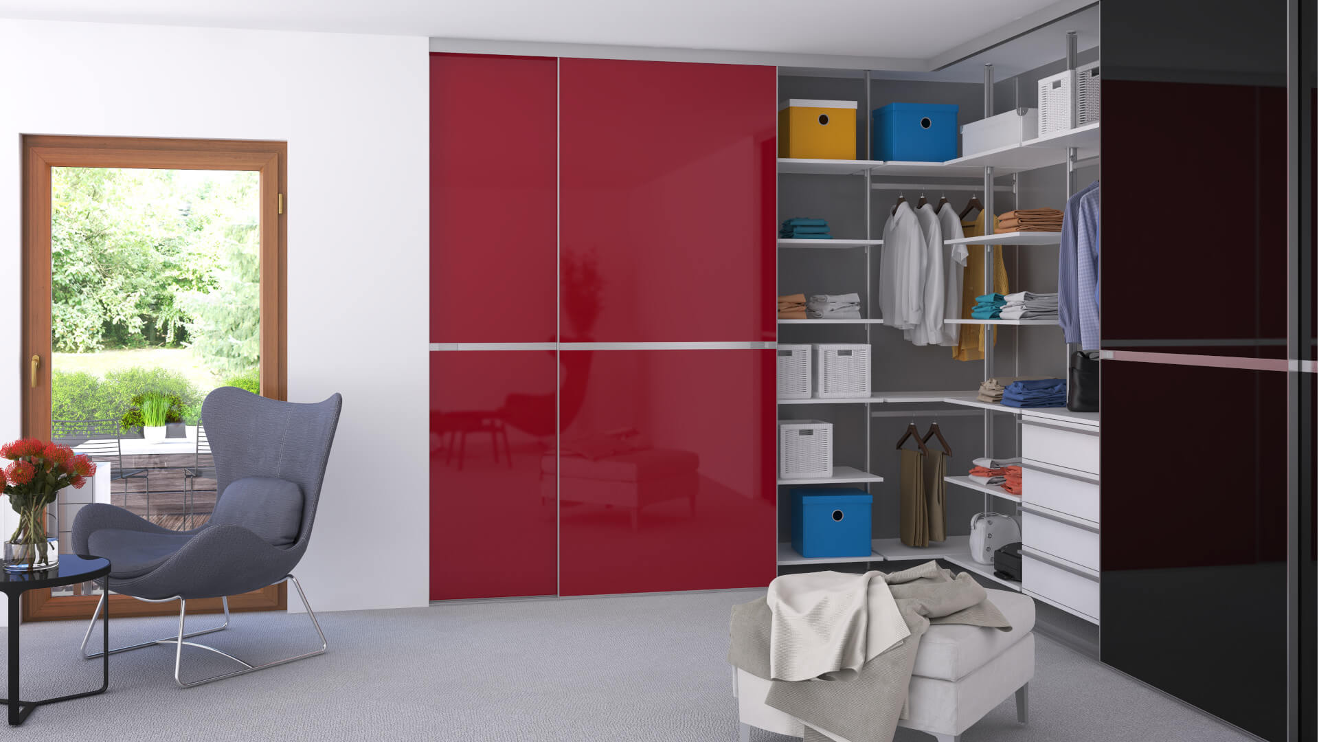 Elegantes Schlafzimmer mit modernen geschlossenen Schranksystemen Modernes Schlafzimmer mit stilvollem Design und geschlossenen Schranksystemen mit Schiebetüren in Hochglanzoptik und viel Stauraum