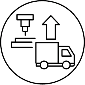 Fertigung & Lieferung – bequem per Spedition zu Ihnen nach Hause Icon mit Produktionsmaschine und Lieferfahrzeug – Symbol für Fertigung und anschließenden Versand