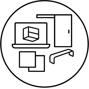 Visualisierung erhalten – mit Materialmuster, Farbauswahl und Griffprofilen Icon mit Laptop, Farbmuster, Materialprobe und Griff – für die individuelle Gestaltung der Visualisierung