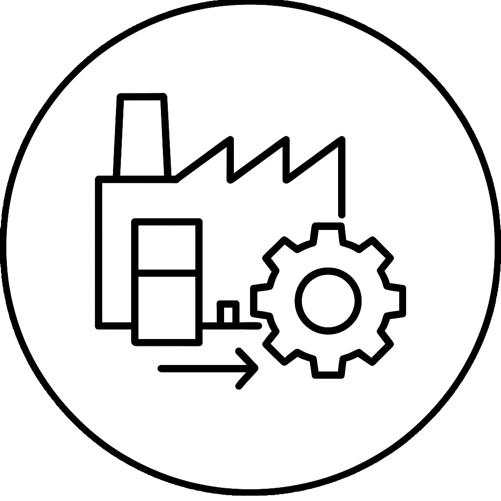Maßgefertigte Produktion Ihrer Gleittür Fabrik mit Zahnrad und Pfeil als Zeichen für individuelle Fertigung