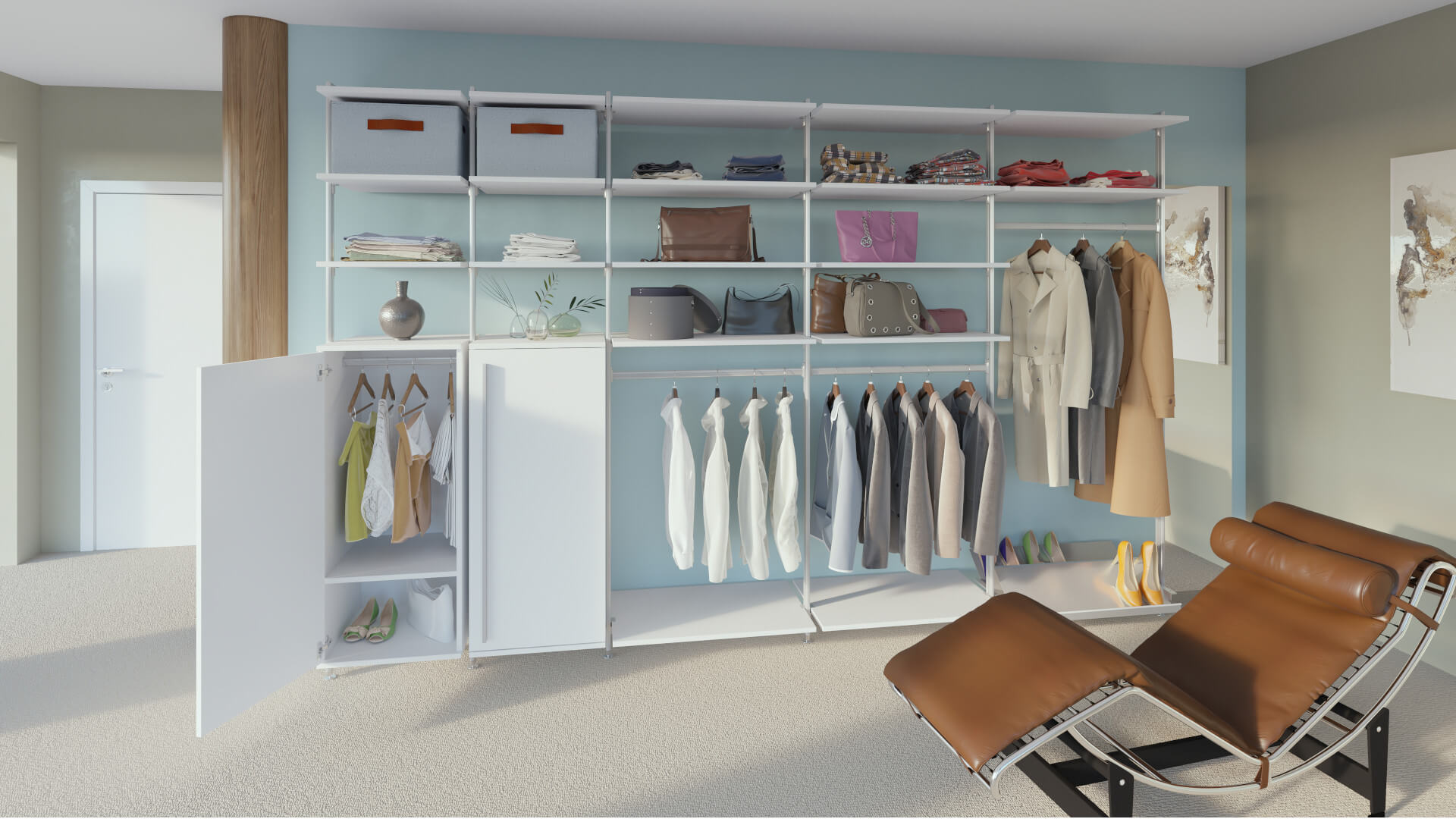 Begehbares Schranksystem mit Regalen und Kleiderstangen Offenes begehbares Schranksystem mit Regalböden, Kleiderstangen und Stauraum für Kleidung, Taschen und Schuhe – ideal fürs Ankleidezimmer
