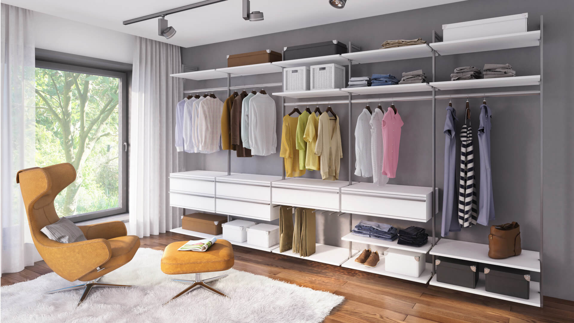 Offener Kleiderschrank nach Maß von FRANK Schranksysteme – individuell konfigurierbar Offenes Schranksystem im Ankleidezimmer passgenau & individuell konfiguriert mit vielen Kleiderstangen, Regalböden und Schubladen sowie einem ausziehbaren Hosenhalter.
