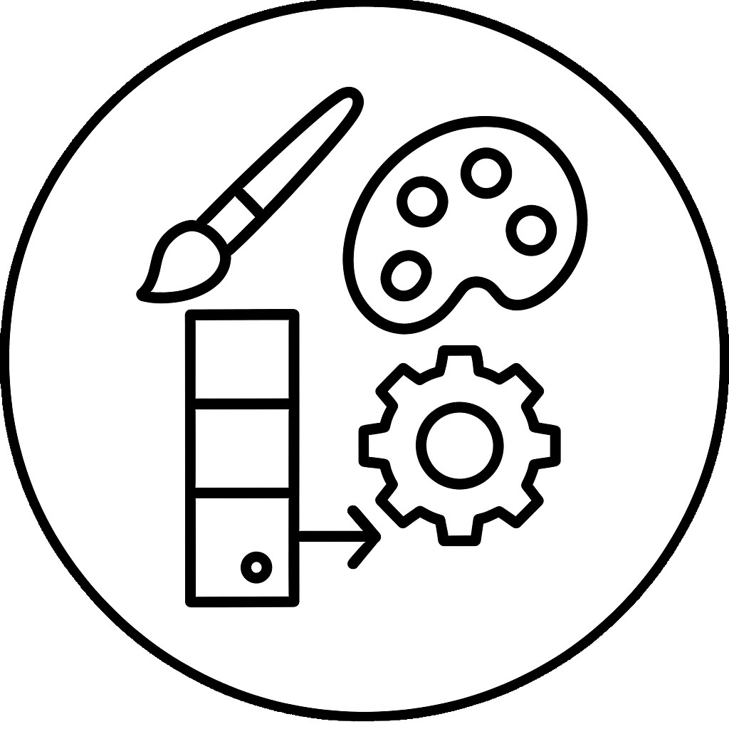 Individuelle Konfiguration der Schiebetür Farbpalette, Pinsel und Zahnrad als Symbol für Design- und Ausstattungswahl